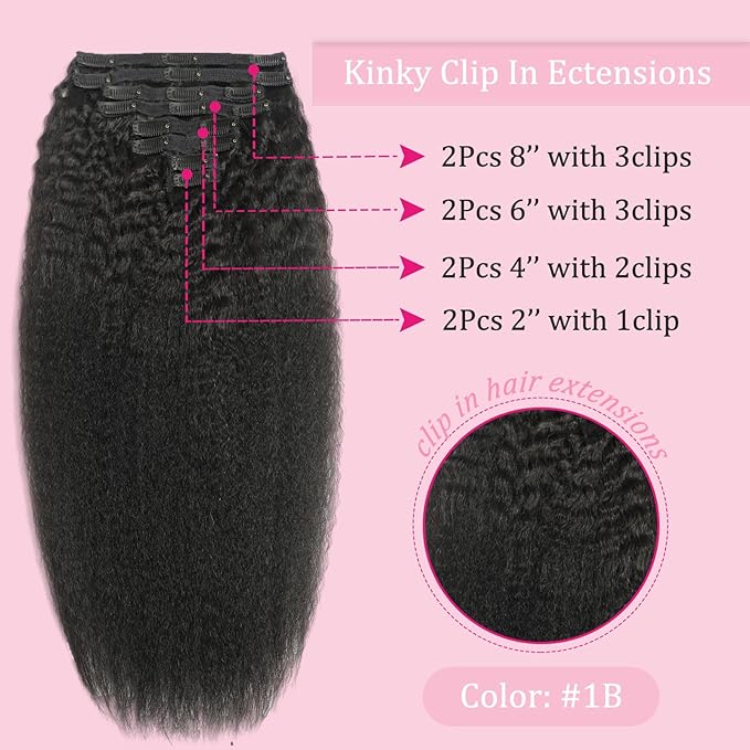 26Inch Kinky Straight Clip Ins Real Human Hair for Black Women Brazilian Real Hair Extensions 125g 8Pcs with 18Clips Per Set Double Weft Human Hair Clip Ins for Full Head (26 Inch)