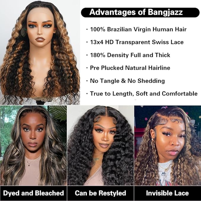 bangjazz 26 Inch Deep Wave Lace Front Wigs Human Hair Fb/27 180% Density 13x4 HD Lace Frontal Wigs Human Hair Pre Plucked Ombre Lace Front Wig Balayage Highlight Glueless Wigs for Women