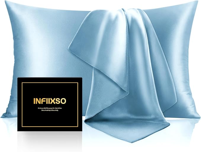 INFIIXSO Mulberry Silk Pillowcase for Hair and Skin, Silk Pillow Cases Queen Size Set of 2 with Hidden Zipper 20x30 Inches, Smooth and Soft Cooling Pillow Cases for Hot Sleepers(Light Blue, 2 Pack)