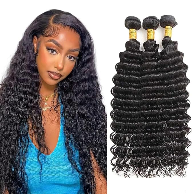 Natural Black Deep Wave Human Hair Bundles Niegmeag Peruvian Unprocessed Virgin Remy Hair 3 Bundles 26 28 30 Inch Double Weft Color 1B Loose Wave Bundle Hair Weave 300g
