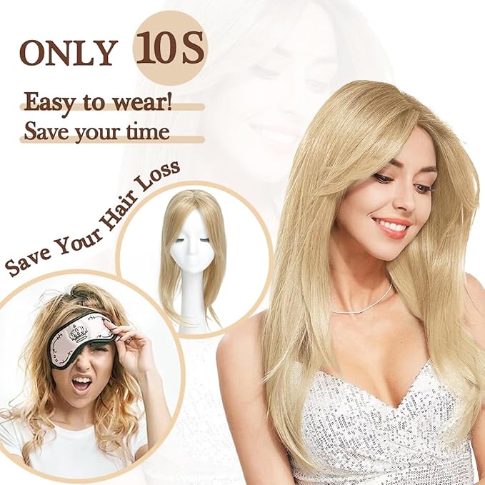 UDU Hair Toppers for Women for Thinning Hair Dark Blonde Highlights Synthetic Fiber Topper Pieces for Women Ladies Muti-layer Long Straight Wavy Clip in Wiglets with Fringe bangs