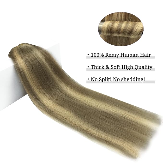 DOORES Clip in Human Hair Extensions - Ombre Medium Brown Highlighted Golden Blonde, 120g 7pcs 20 Inch Remy Straight Thick Natural Hair