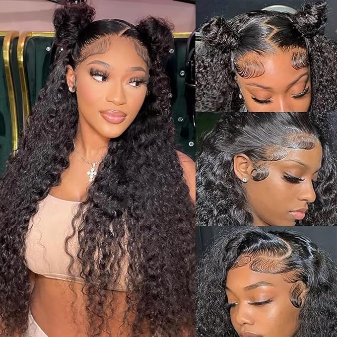 28 Inch Deep Wave Lace Front Wigs Human Hair Pre Plucked 200% Density 13x6 HD Lace Frontal Wigs with Baby Hair Deep Curly Wet and Wavy Glueless Wigs for Women (Natural Black, 28 Inch)