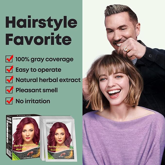 10 PCS Wine Red Hair Dye Shampoo 3 in 1, Long Lasting Hair Color Dye, Semi- Permanent Instant Shampoo for Men & Women - Herbal Ingredients, Easy to Use (Wine red)