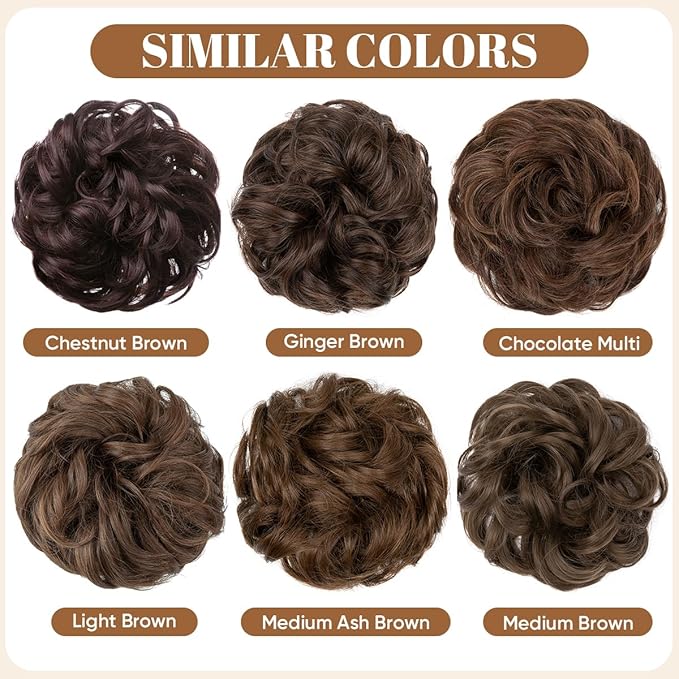 CJL HAIR Large Messy Bun Hair Piece Wavy Curly Scrunchies Synthetic Chignon Ponytail Hair Extensions Thick Updo Hairpieces for Women Ginger Brown