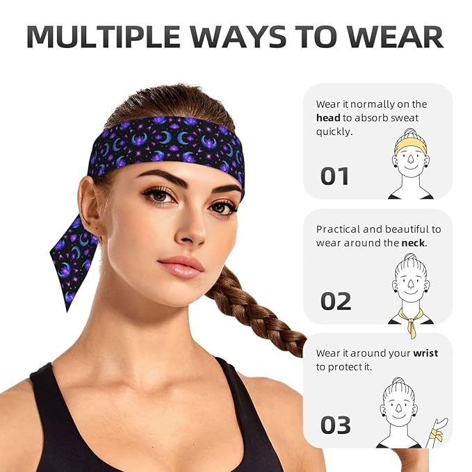 Boys Girls Sports Sweatbands, Boho Style Long Hair Band for Running Travel Spa, Lovely Trippy Purple Goth Moon Crystals Black Sky Headdress Hair Decor