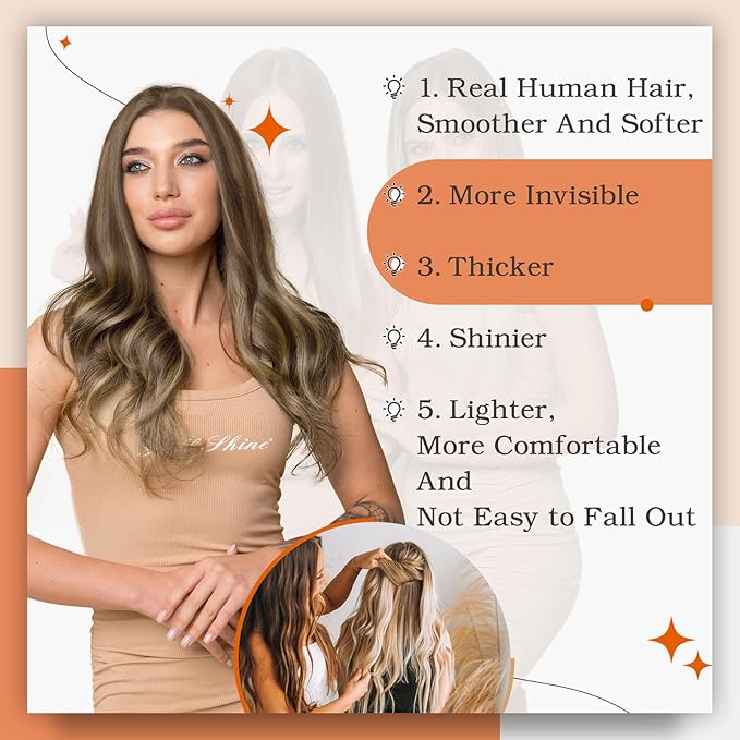 Full Shine Brown And Blonde Tape in Hair Extensions Human Hair Color 4 Brown Highlight 27 Blonde Tape in Extensions 24Inch Long Straight Extension 50G 20Pcs Soft Skin Weft
