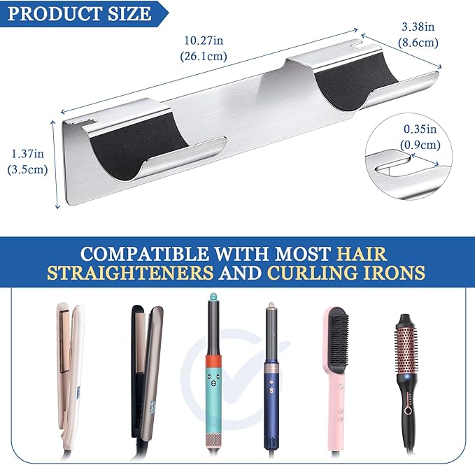 Wall Mount Curling Iron Holder and Hair Tool Organizer with Adhesive, Multifunctional Hot Flat Iron and Hair Straightener Holder Storage Stand for Vanity, Cabinet and Wall, Silver