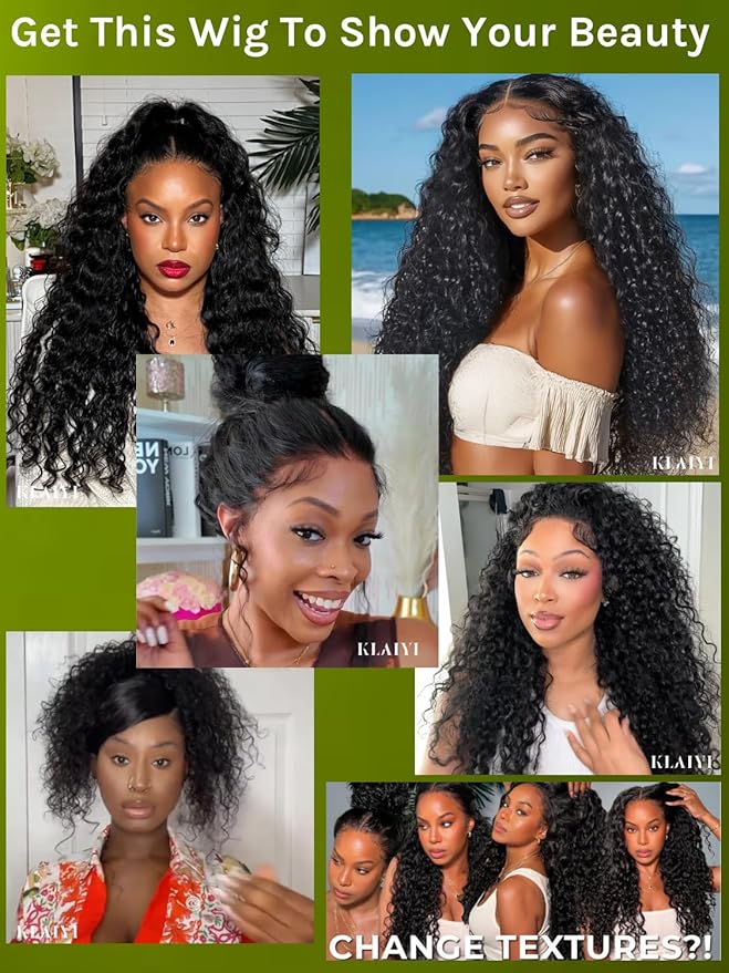 KLAIYI Bye Bye Slip™ Water Wave 7X5 Precut Lace Front Human Hair Wig Drawstring Glueless 3S Ready to Wear and Go Wig with Baby Hair Pre Plucked Bleached Bye Bye Knots Curly Wig 180%Density Full 28Inch