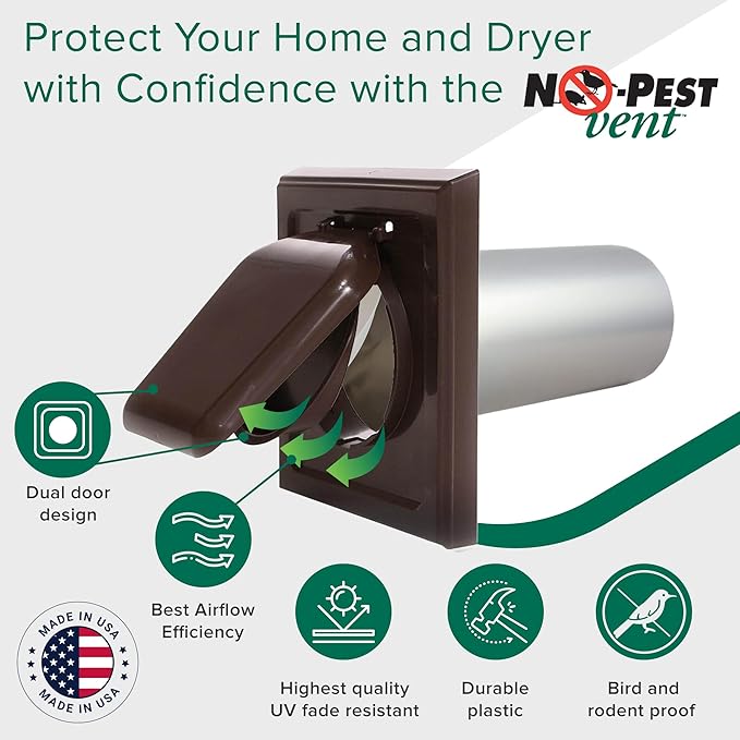 NO-PEST VENT, Exclusive Dual Door Dryer Vent Cover Outdoor 4 inch with Collar, Made in USA w Highest UV Resistant Plastic in any Outdoor Vent Cover (Brown, 4" Plastic WIth Collar)