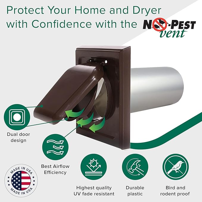 NO-PEST VENT, Exclusive Dual Door Dryer Vent Cover Outdoor 4 inch or Bathroom fan, Made in USA w Highest UV Resistant Plastic in any Outdoor Vent Cover (Brown, 4 inch With 12" Duct Tube)