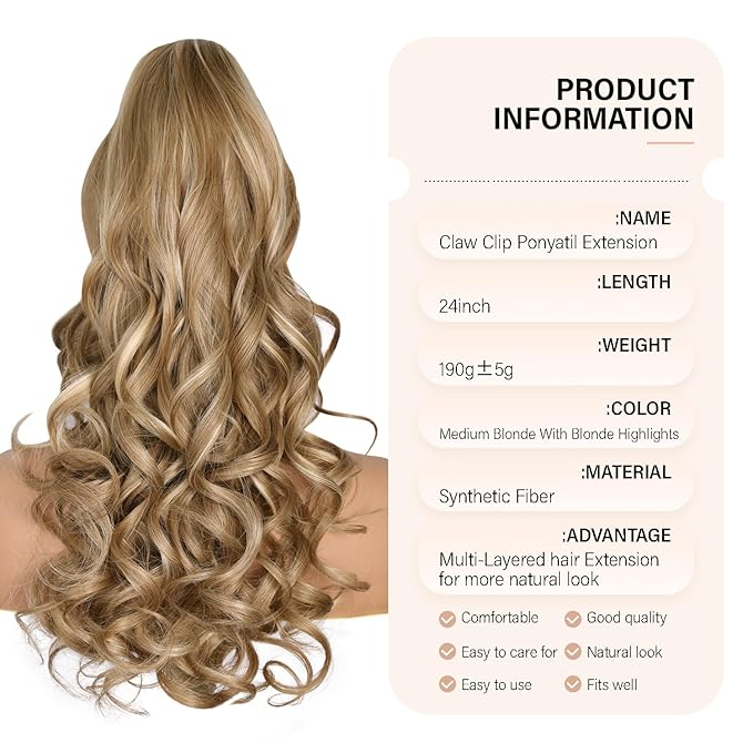24 Inch Blonde Ponytail Extension, Clip on Ponytails for Women, Long Curly Ponytail Extensions for Women, Synthetic Layered Pony Tails Hair Extensions (Color: Dark Blonde With Beige Blonde Highlights)