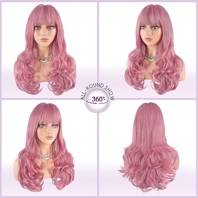 Haloo Pink Wigs with Bangs Long Wavy Layered Haircut Natural Looking Fluffy Synthetic Heat Resistant Hair Wig for Women Daily Party, 24 Inch
