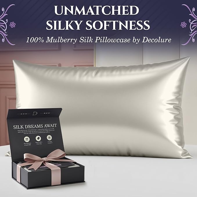 DECOLURE 100% Pure Mulberry Silk Pillow Case King Size – Highest Grade 30 Momme 6A+, Luxuriously Soft & Cooling Silk Pillowcase for Hair & Skin, Hypoallergenic, Breathable, Hidden Zipper (Ivory)