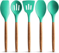 Zulay Kitchen Non-Stick Cooking Utensils Set with Authentic Acacia Wood Handles – 5-Piece Durable & Stylish Silicone Kitchen Utensils Set – Heat Resistant to 464°F – Mint