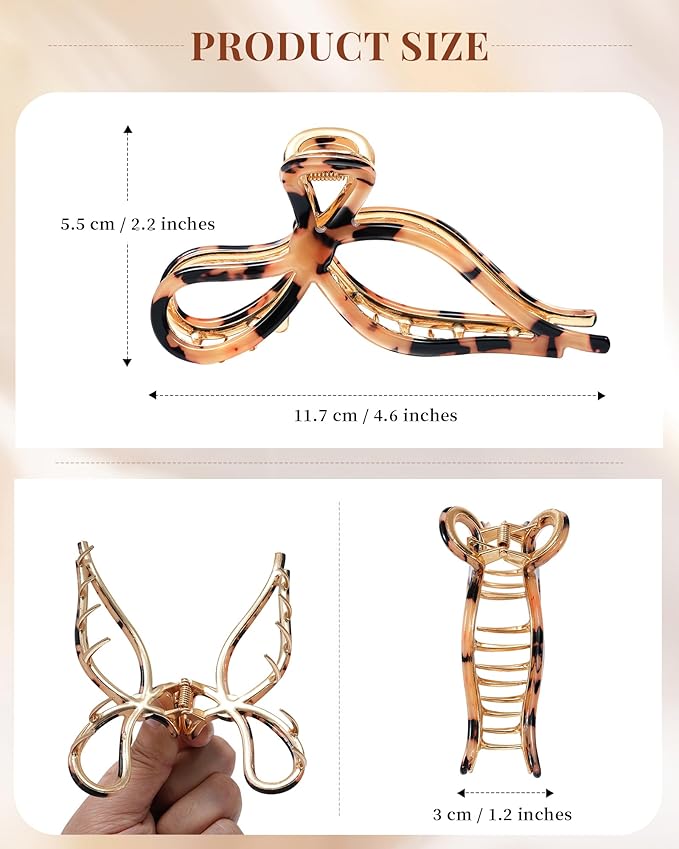 ACECHA 2 Pack Gold Metal Bow Hair Claw Clips for Women, 4.5" Colorful Non-slip Hairclips for Thick Thin Hair Claws Strong Hold Styling (Leopard)
