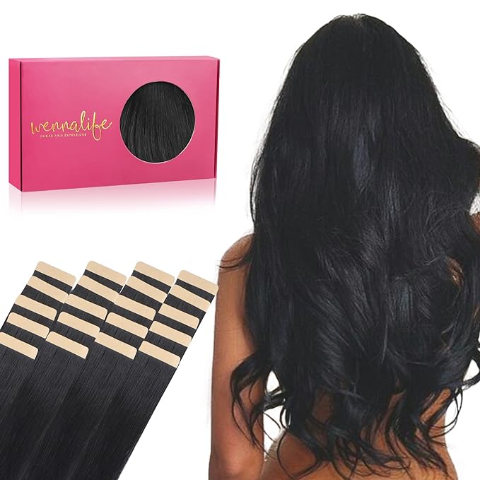 WENNALIFE Tape in Hair Extensions Human Hair, 20pcs 30g 10inch Jet Black Remy Hair Extensions Straight