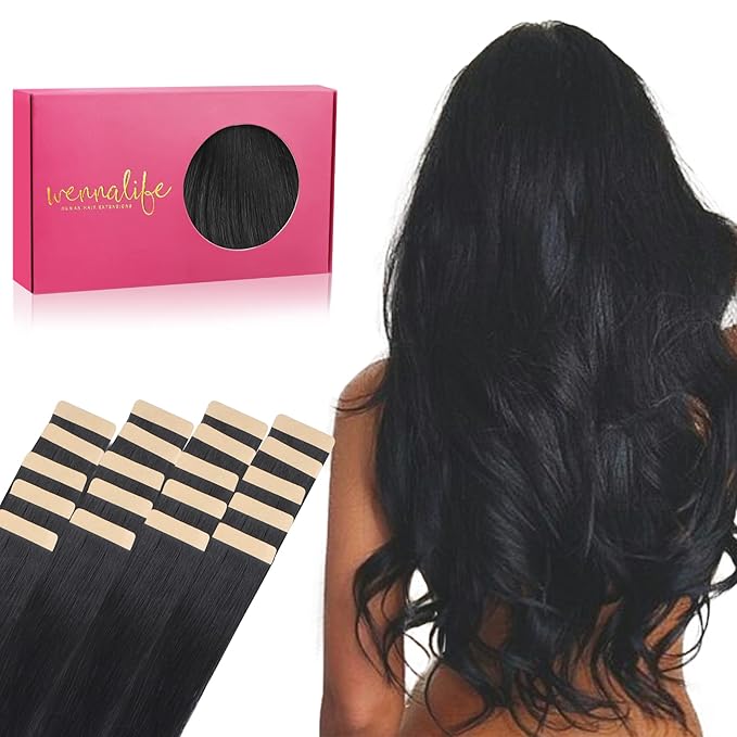 WENNALIFE Tape in Hair Extensions Human Hair, 20pcs 40g 12inch Jet Black Remy Hair Extensions Straight