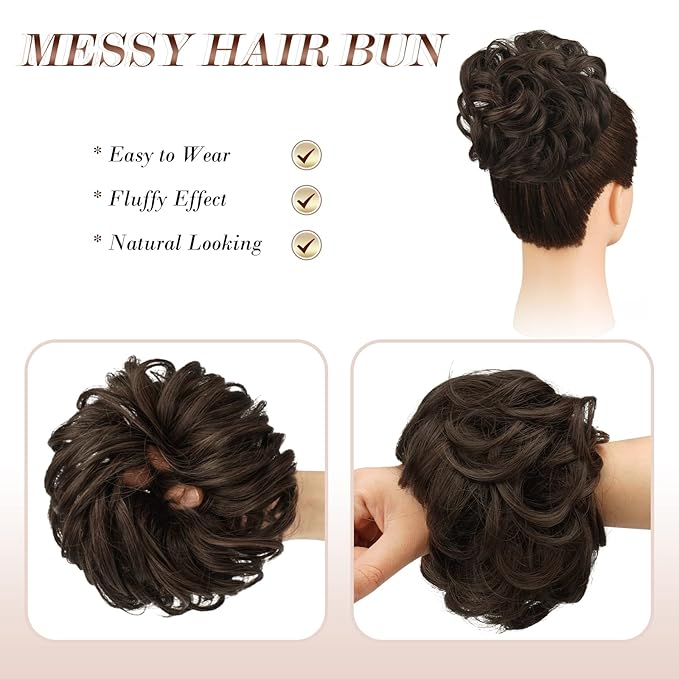 FESHFEN Messy Bun Hair Pieces - Large Wavy Curly Elastic Hair Bun Scrunchies Ponytail Extensions Synthetic Chignon Hairpieces for Women, Dark Brown & Light Auburn Mixed 1.94oz