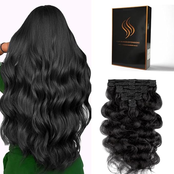 Clip in Hair Extensions Real Human Hair Body Wave 1 Jet Black Clip in 100% Brazilian Remy Human Hair Extensions 8pcs Per Set with 18 Clips Double Weft 16 Inch 90g/3.6oz