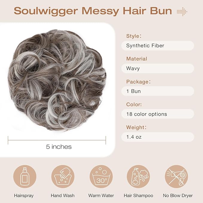 Messy Bun Hair Piece Wavy Curly Scrunchies Fluffy Donut Thick Updo Elegant Chignon Hairpieces for Women Girls, Ash Blonde Mix Light Gray 1.4oz