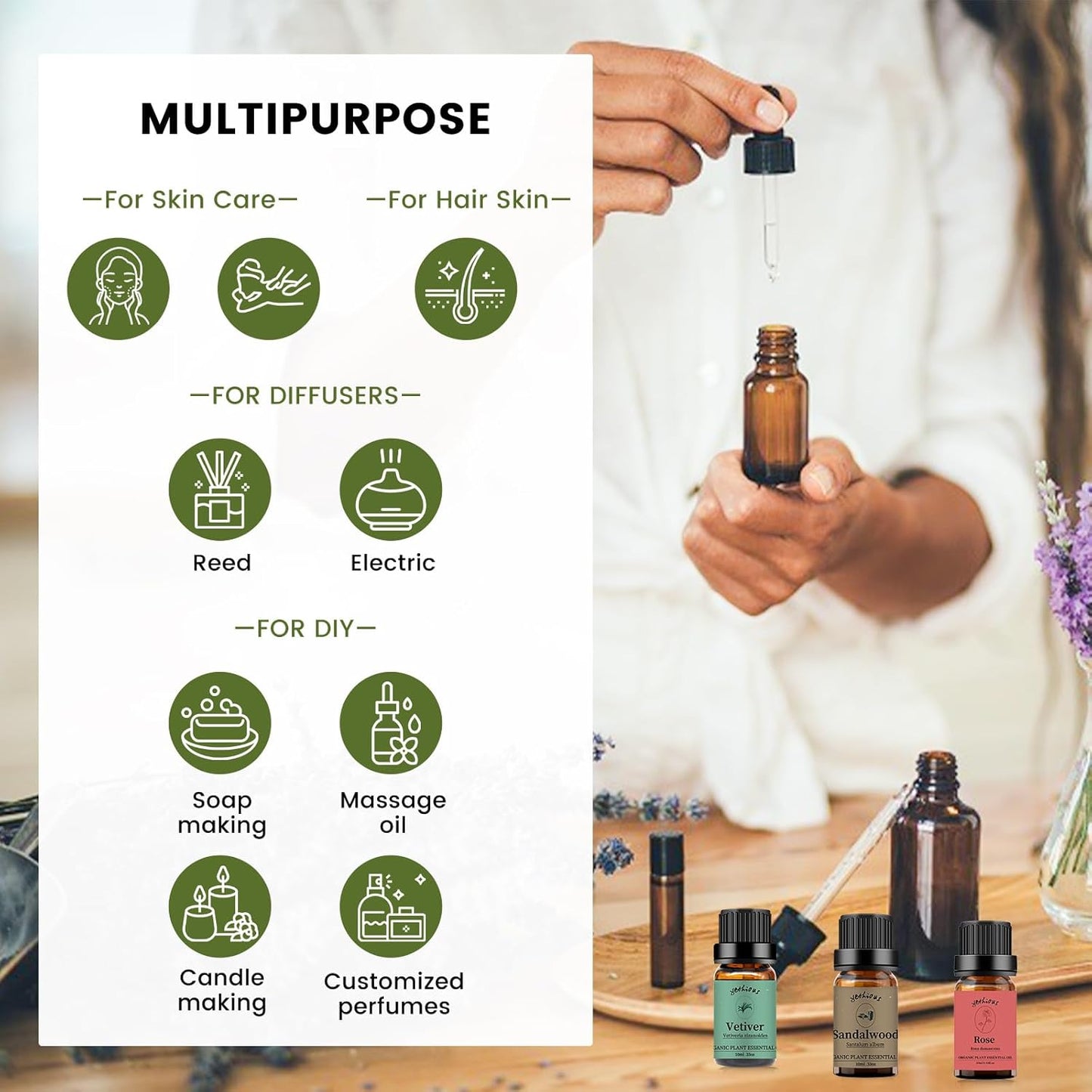 yethious 3 Pack Rose Sandalwood Vetiver Essential Oil Set Organic Pure Aromatherapy Oil for Diffuser Rose Oil Essential Oil