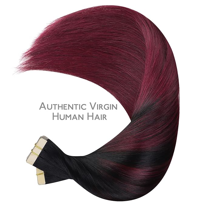 WENNALIFE Tape in Hair Extensions Human Hair, 40pcs 120g 26 inch Ombre Jet Black to Burgundy Hair Extensions Real Human Hair Straight Tape in Extensions Reusable Invisible Human Hair Extensions