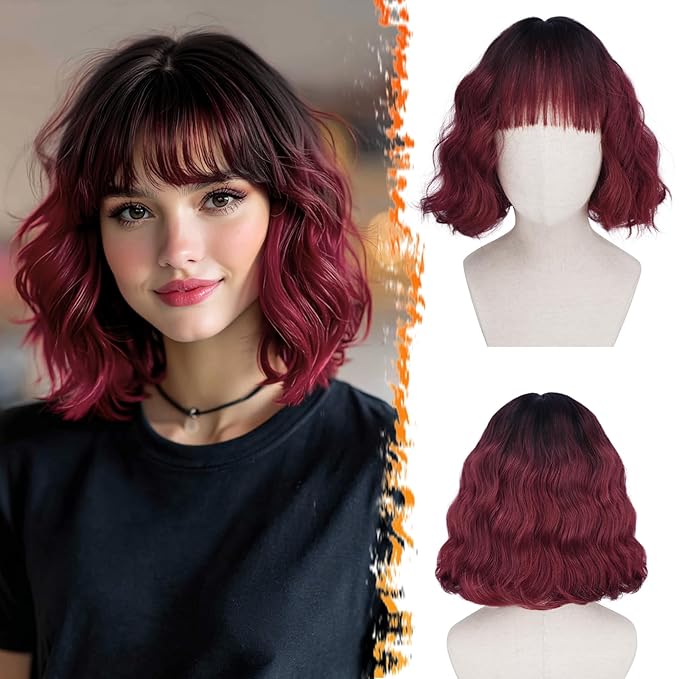 BARSDAR Red Ombre Short Wavy Wig with Bangs - Short Wavy Black to Red Ombre Wig for Women - Soft Synthetic Fluffy Curly Textured French Bob Wigs with Bangs Natural Looking Face-Framing