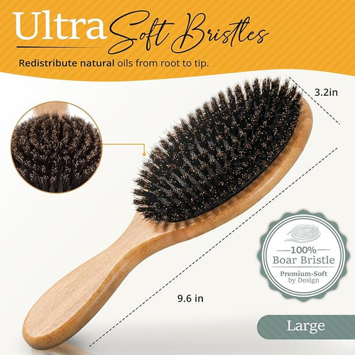 100% Boar Bristle Hair Brush for Women Set by Belula (L Size). Soft Natural Bristles for Thin and Fine Hair. Wooden Comb, Travel Bag and Spa Headband Included!