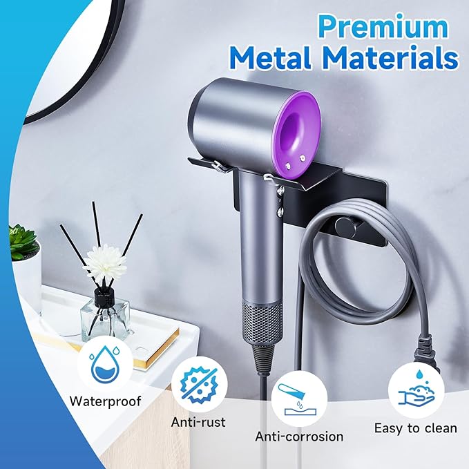Hair Dryer Holder Wall Mounted, Blow Dryer Holder Adhesive, Metal Hairdryer Holder for Bathroom, Hair Tool Organizer with Plug&Cord for Cabinet Bathroom Bedroom Barber Shops