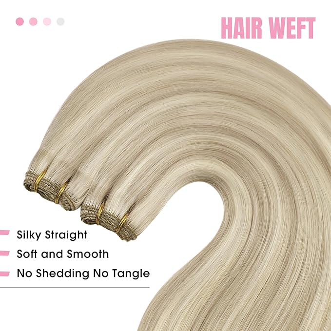 YoungSee 100G Sew in Hair Extensions Real Human Hair Blonde Highlight Weft Hair Extensions Warm Ash Blonde Highlights Bleach Blonde Human Hair Weft Extension for Short Hair 14Inch