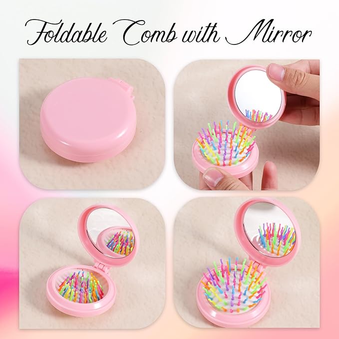 20 Pcs Folding Travel Hair Brushes with Mirror Round Folding Pocket Hair Brush Portable Mini Colourful Pop Up Hairs Brushes for Women Girls Men Makeup Operation Christmas