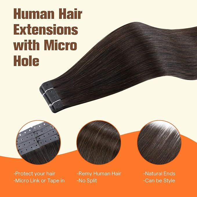 Full Shine Human Hair Tape in Extensions 18Inch 20PCS Color Dark Brown 50G Brown Hair Extensions Tape Extensions Human Hair Versatile As Tape in Straight No Glue No Clips Soft Remy Holed