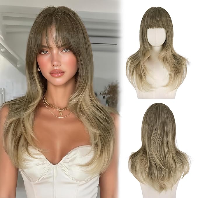 SOFEIYAN Long Straight Layered Brown Ombre Blonde Wig with Bangs 24 Inch Synthetic Natural Hair Wig Soft Heat Resistant Long Wigs for Women Daily Party Use