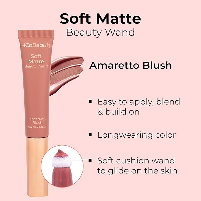 MCoBeauty Soft Matte Beauty Wand, Amaretto Blush, Velvety Finish of Buildable Color, Vegan, Cruelty Free Cosmetics