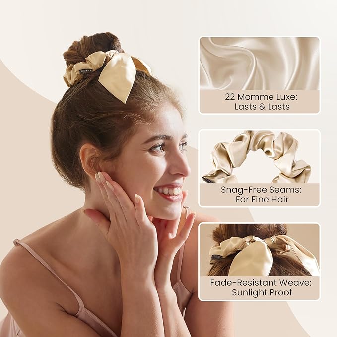 THXSILK 100% Mulberry Silk Bow Scrunchies 3-Pack, 22 Momme Mulberry Silk Hair Ties for Women, Cute Bunny Ear No Damage Ponytail Holders, Fashion Hair Accessories for Girls(M, Beige)