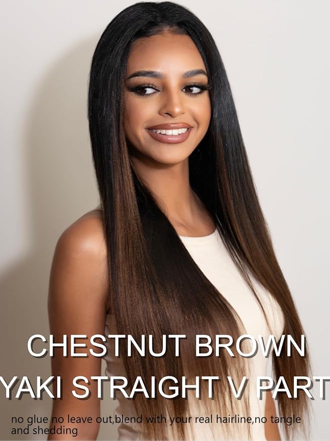 YIROO V Part Wig Human Hair No Leave Out Ombre Chestnut Brown Yaki Straight Glueless Human Hair Wig Upgrade U Part Wigs for Women V Shape Clip in Half Wig No Glue No Sew in Beginner Wig 18inch