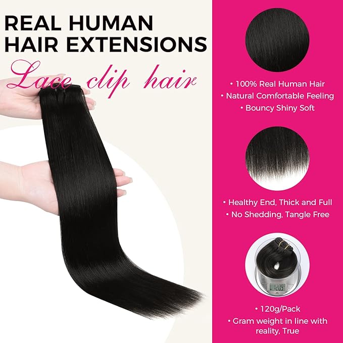 Lashey Yaki Straight Clip in Hair Extensions 7pcs 120g 16 Inch Seamless Clip in Hair Extension Natural Black Clip Ins Real Human Hair for Women