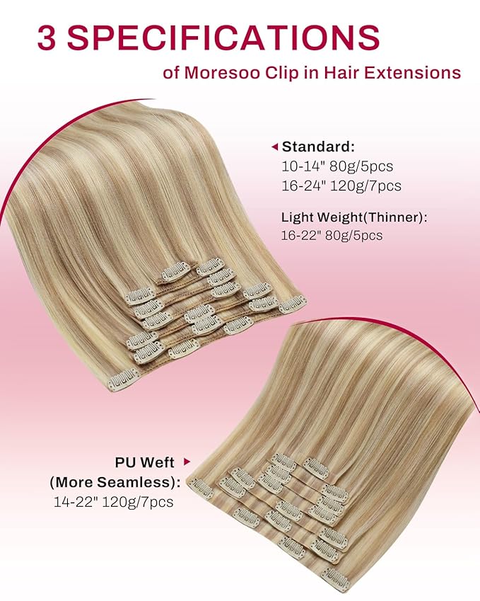 Moresoo Clip in Hair Extensions Blonde Short Human Hair Clip in Extensions Highlights Dark Ash Blonde With Medium Blonde Double Weft for Women Straight 80g/5pcs 10 inch