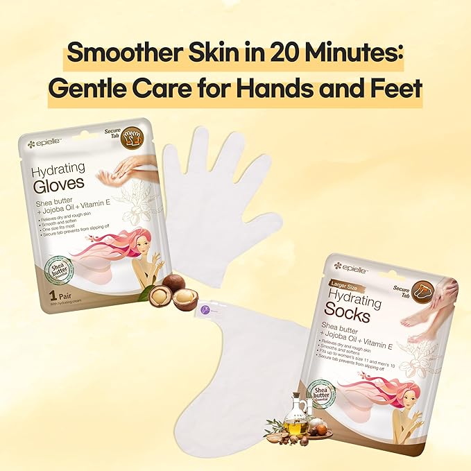 Epielle Hydrating Hand & Foot Masks 12 Pairs, Deep Moisturizing Socks & Gloves, Soften Dry Hands & Cracked Heels with Shea Butter & Jojoba Oil, Korean Skin Care, Foot Spa, Self Care Gifts for Women