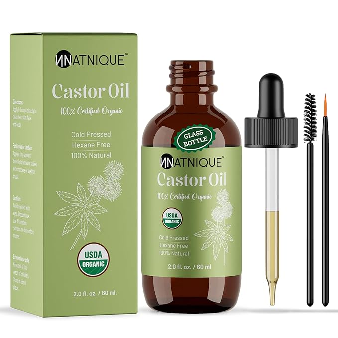 Natnique Castor Oil – USDA Certified Organic, 100% Pure Cold Pressed Unrefined Oil for Hair Growth, Eyelashes, Eyebrows & Scalp – Natural Skin Moisturizer, Lash Serum & Hair Treatment (2 Oz)