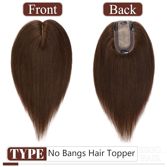 SEGO Real Human Hair Topper for Women, No Bangs Hair Topper with Anti-Slip Clips (8 Inch#4 Medium Brown)