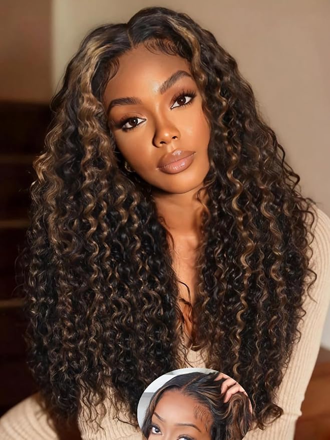 Julia Hair Golden Brown Highlight Water Wave and Jerry Curly Wig Mixed Curls 13X4 Lace Front Pre Everything Wigs Glueless Human Hair Lace Frontal with Invisi Drawstring Ready to Go 16 Inch
