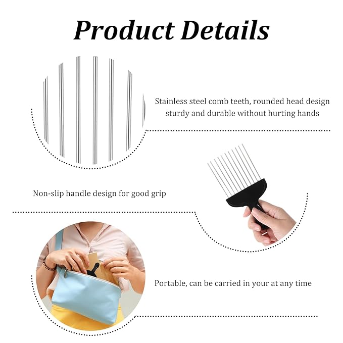 3pcs Hair Pick for Curly Hair, Stainless Steel Wide Tooth Detangling Comb Metal Afro Pick Comb with PP Handle for Curly Haircomb, Braids, Wigs Black