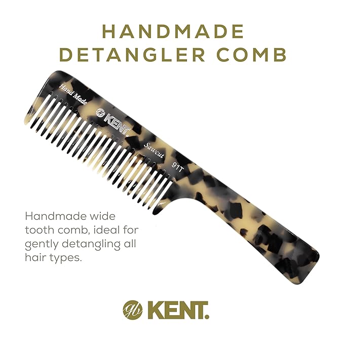 Kent 91T TW Detangler Comb for Women, Wide Tooth Hair Comb for Curly and Wavy Hair - for use in Dry or Wet Hair, Large Handle Shower Comb for Effective Detangling, Handmade Sawcut and Polished