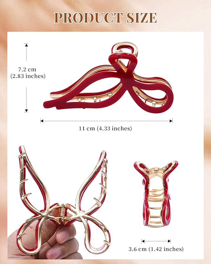 Mesovor 2 Pack Gold Metal Bow Hair Claw Clips, Nonslip 4.3" Large Hair Grip Hairclips for Thin and Thick | Acrylic Metal Strong Hold Claw Clip (Black, Red)