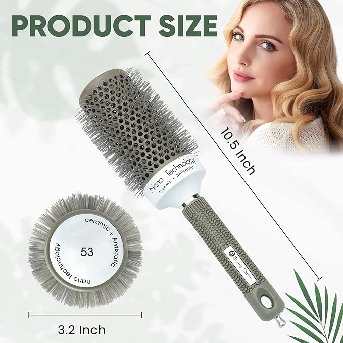 Round Brush for Blow Drying, 53mm / 2.1 Inch Large Barrel with 2 Clips – Nano Ionic Thermal Ceramic Round Hair Brush for Volume, Big Curls & Smooth Styling Heat Resistant Nylon Bristles