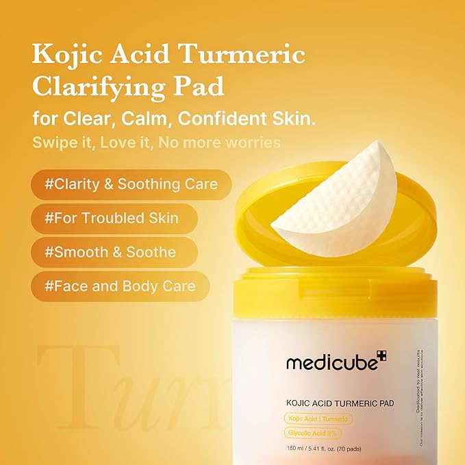 medicube Kojic Acid Turmeric Clarifying Toner Pad for Troubled Skin & Use After Spot Care | Soothing & Calming with Kojic Acid, Turmeric, Niacinamide, and Glycolic Acid | Korean Skin Care, 70 Pads