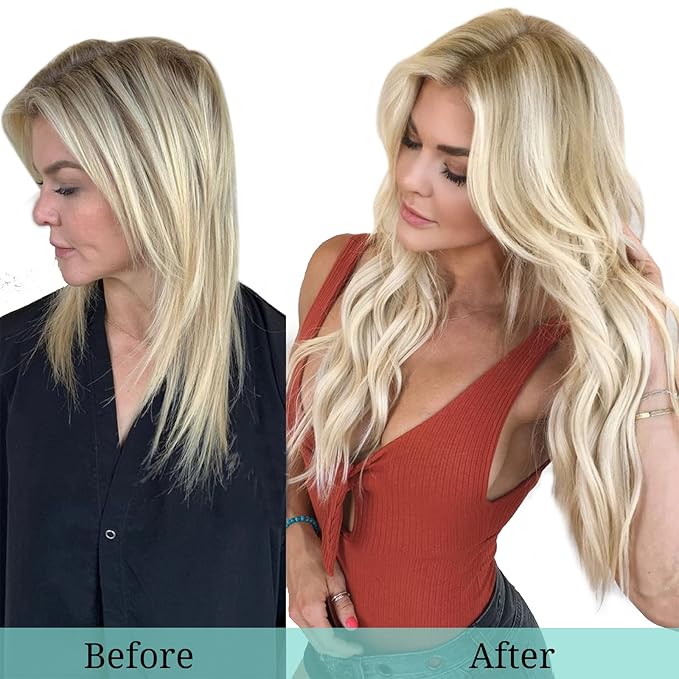 DOORES Hair Extensions Real Human Hair, Light Blonde Highlighted Golden Blonde 12 Inch 80g 7pcs, Remy Hair Extensions Clip in Human Hair Extensions Human Hair Natural Silky Straight
