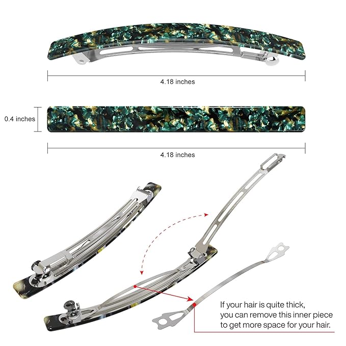 Long French Barrettes for Women Thin Thick Hair - Large 4 Inch Hair Clips Ponytail Clamp - Stylish Hair Accessories - 3Pcs (Black, Brown, Green)